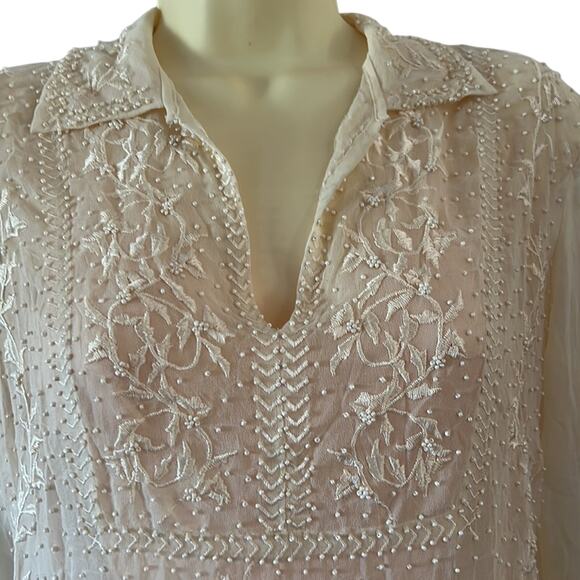 ECI Cream Silk Beaded Blouse Sheer Fancy Woman Size Small Boho Fairy - Picture 3 of 10